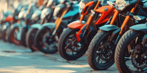 A row of motorcycles parked next to each other. Perfect for automotive or transportation concepts