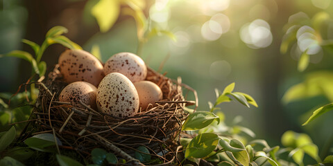 A nest with colorful yarn and eggs. Bird's nest with three eggs in the middle of tree.
