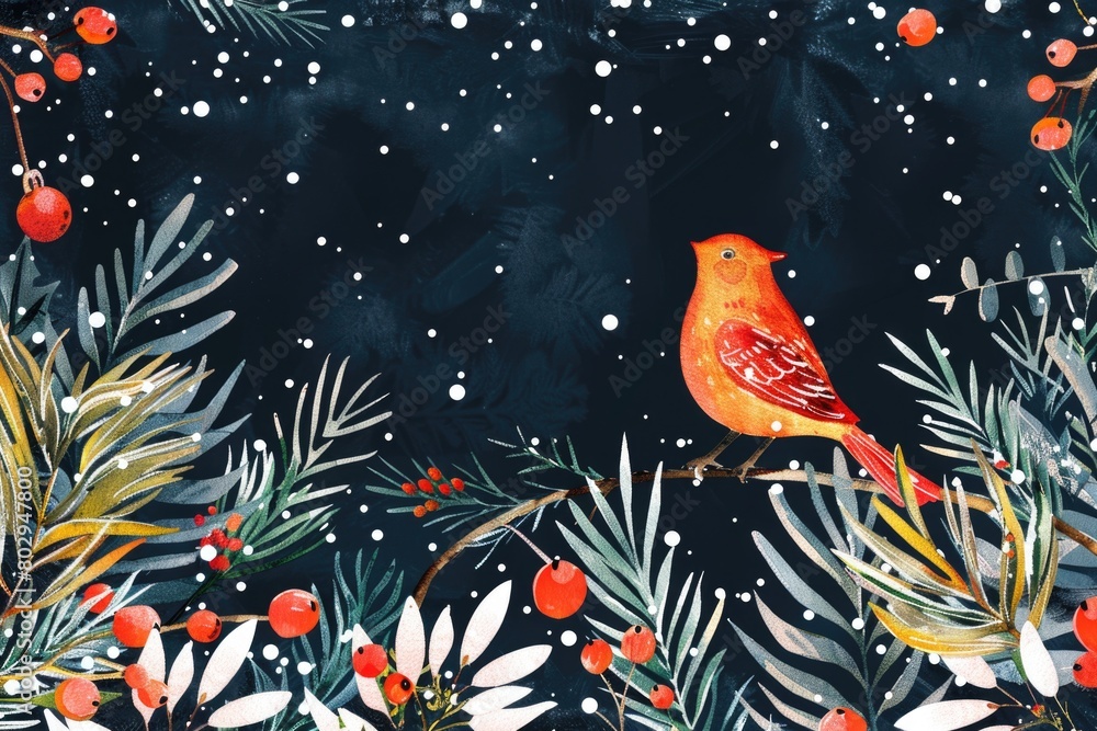 Poster a red bird perched on a tree branch. suitable for nature and wildlife themes