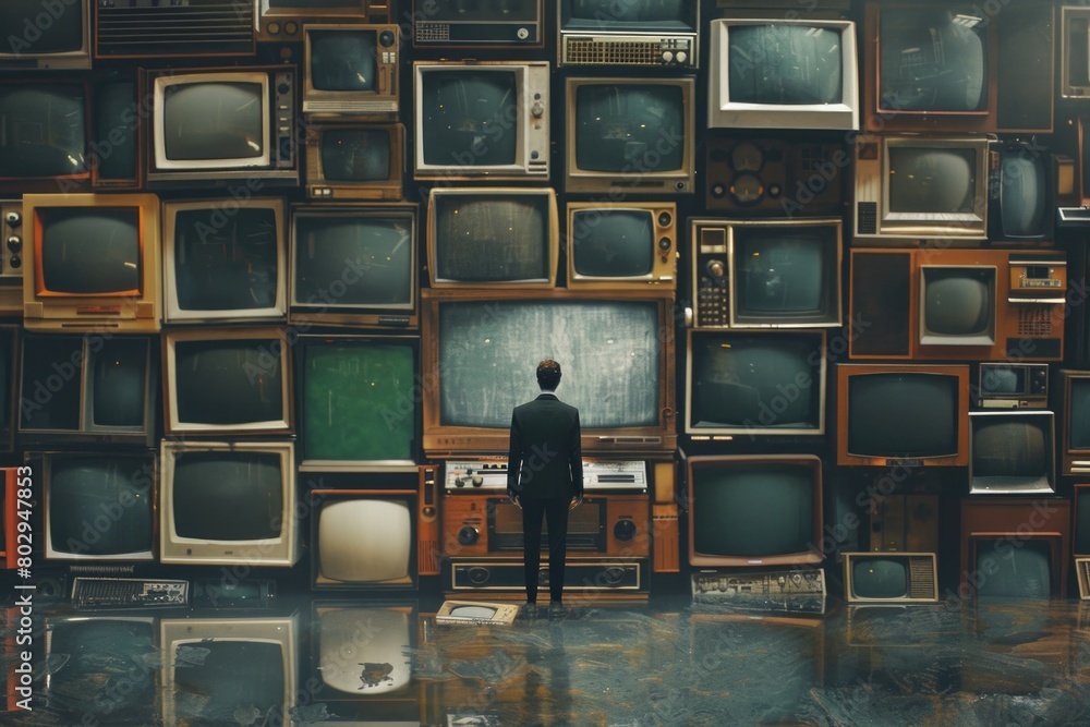 Poster a man standing in front of a wall of old televisions. suitable for technology and entertainment conc