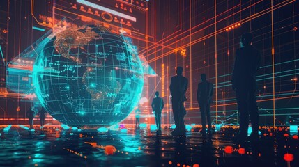 a data analytics tool with a globe illustration of the world and silhouettes of businessmen, 3D tech illustration.