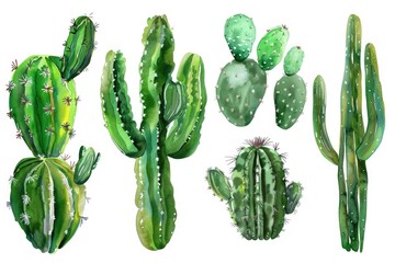 A beautiful collection of cactus plants painted in watercolor. Ideal for botanical and nature-themed designs