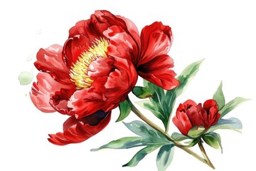 Vibrant painting of a red flower with green leaves. Perfect for botanical and nature-themed designs