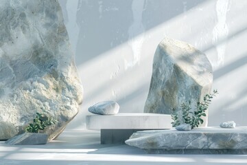White room with rocks and a plant, suitable for interior design projects