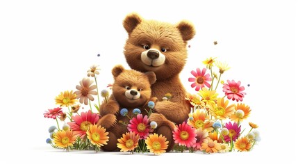 teddy bear with flowers on a white background