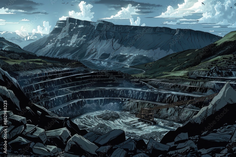 Aufkleber A painting of a large open pit in the mountains. Suitable for industrial or mining concepts