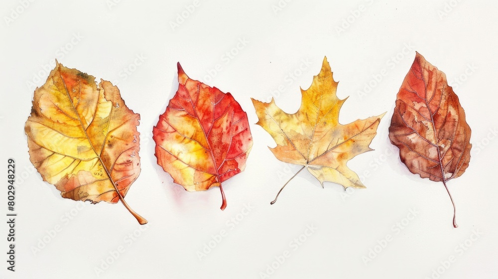 Poster four different colored leaves on a white background. suitable for various design projects