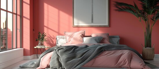 In a modern bedroom interior, there is a grey blanket placed on a pink bed against the wall with a poster.