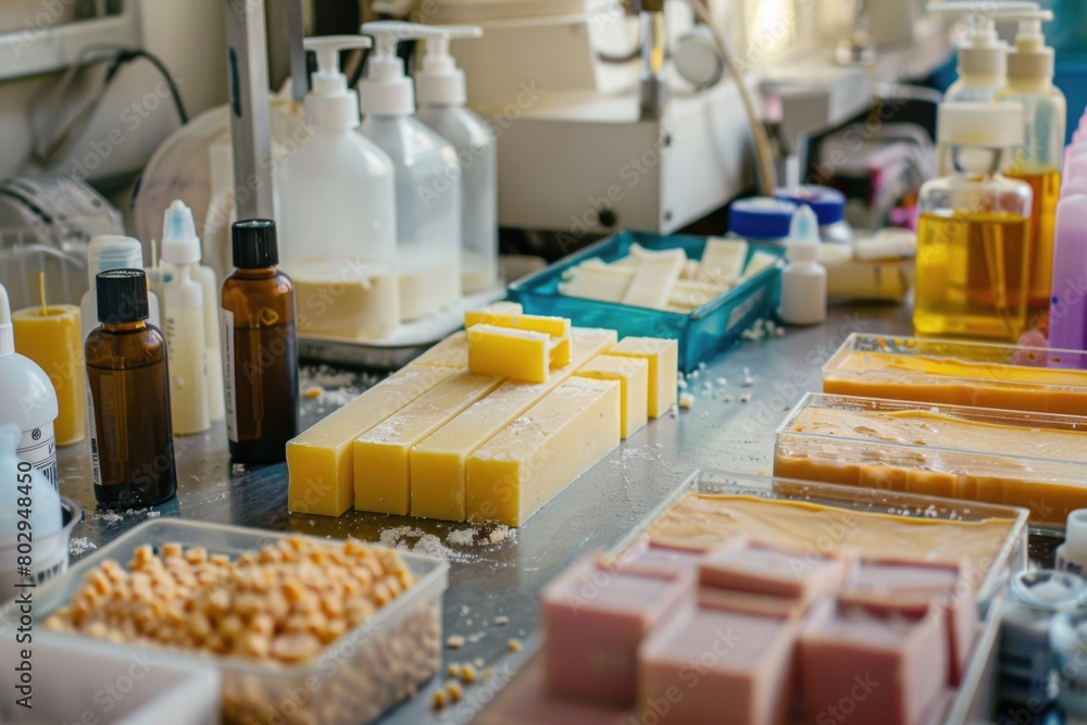 Poster A counter displaying various types of soap. Ideal for hygiene and household concepts