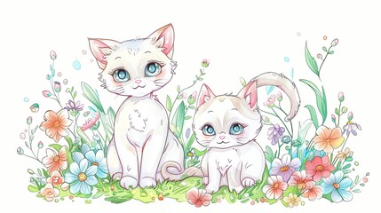 Cute twin cat with flowers on a white background