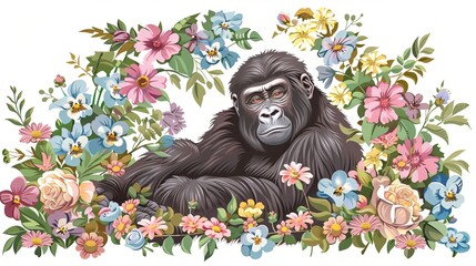 A gorilla with flowers on a white background