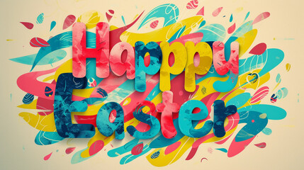 A digital artwork featuring the text "Happy Easter" created with colorful abstract shapes on a neutral background.