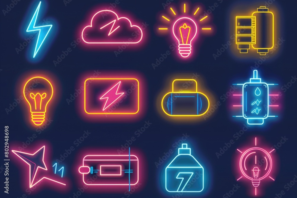 Poster a collection of neon icons for various purposes. ideal for graphic design projects