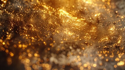 Close-up image capturing the mystical process of alchemical gold transformation, where raw materials blur and shimmer, hinting at ancient secrets of turning lead into gold