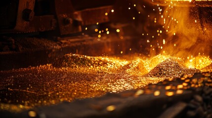 Artistic shot of a gold smelting furnace, emphasizing the dramatic interplay of light and shadow as gold transforms from solid to liquid under high temperatures