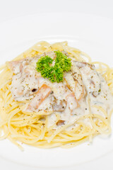 Closeup Carbonara spaghetti on white dish