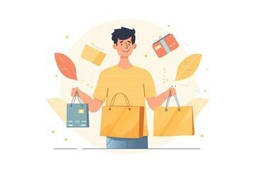 A man holding shopping bags and a credit card. Ideal for retail and consumer finance concepts