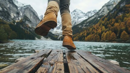 Close-up of man's feet jumping off a wooden jetty into a mountain lake - Powered by Adobe