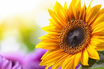 Obraz premium A sunflower with a large, bright yellow head turning towards the sun, The background will be pure white, facilitating easy background removal for further use