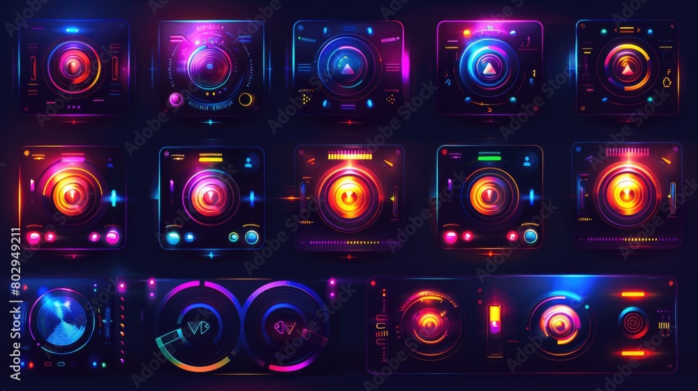 Poster Collection of futuristic interfaces in various colors, ideal for technology concepts