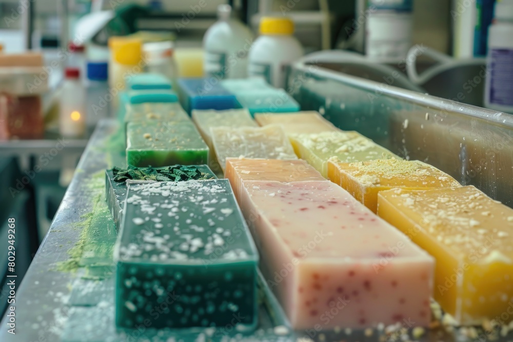 Poster Row of soap bars on a counter, suitable for hygiene and cleanliness concepts