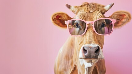 Fototapeta premium A fancy cow wearing glasses on pink background. Animal wearing sunglasses