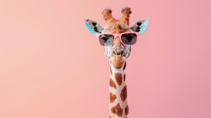  A fancy giraffe wearing glasses on pink background. Animal wearing sunglasses