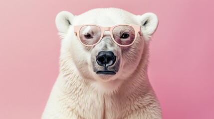 Fototapeta premium A fancy polar bear wearing glasses on pink background. Animal wearing sunglasses