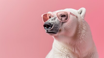 Fototapeta premium A fancy polar bear wearing glasses on pink background. Animal wearing sunglasses