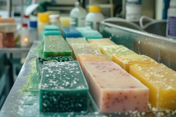 Row of soap bars on a counter, suitable for hygiene and cleanliness concepts