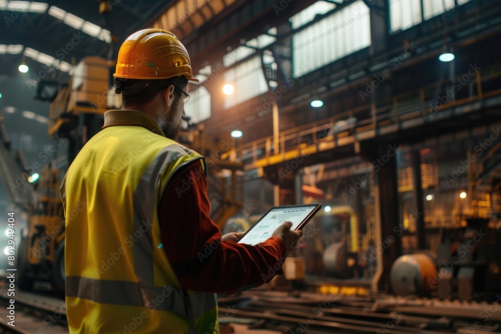 Poster a man wearing a hard hat using a tablet for work. ideal for construction or technology concepts