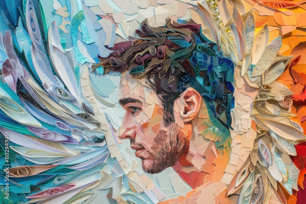 Poster Close up of a man's face with feathers, suitable for artistic projects