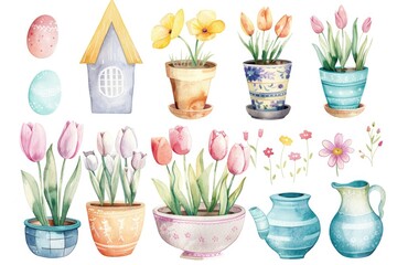 A bunch of pots with colorful flowers, suitable for gardening concepts
