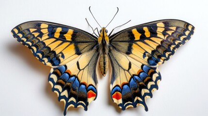 Close up of the symmetrical patterns and vibrant colors on the wings of a Papilio machaon butterfly...