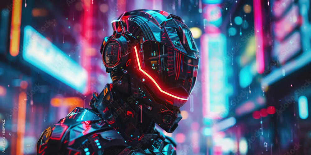 Poster a man in a futuristic suit standing in the rain. suitable for technology or sci-fi concepts