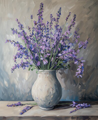 painting of  lavender flowers in a vase on wooden table, poster for wall painting