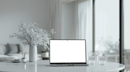 Front view of modern designer desktop with blank computer screen, and other items. Mockup