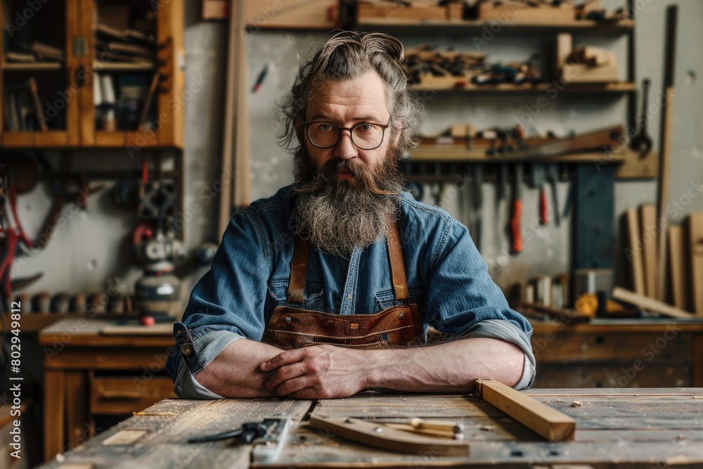 Poster a man with a beard and glasses sitting at a table. ideal for business or office concepts