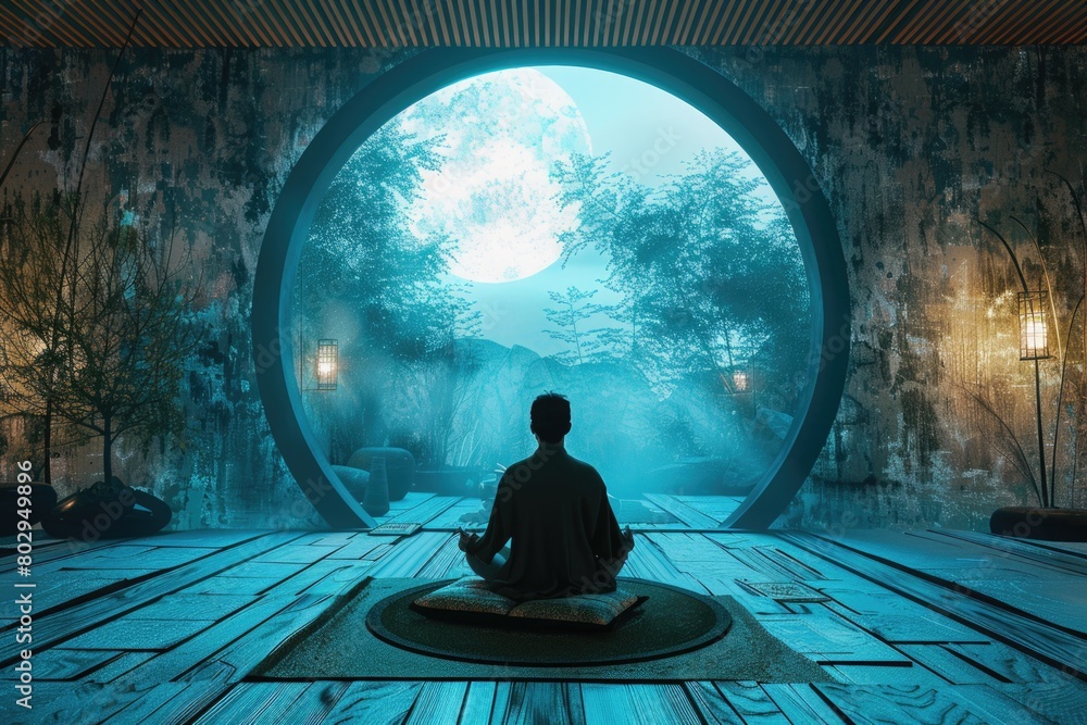 Aufkleber A man sitting on a mat in front of a circular window. Suitable for interior design concepts