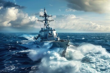 A navy ship sailing in the vast ocean, suitable for military and travel concepts - Powered by Adobe