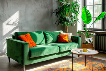 Interior of modern living room with green sofa, armchairs, coffee tables and plants, nobody