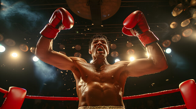 Boxer celebrating victory in the ring with fists raised. Triumph and sports motivation concept. Design for sports magazine cover, fitness campaign poster