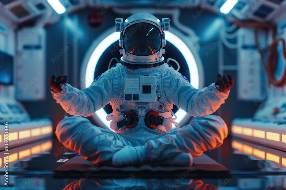 Poster a man in a space suit sitting in a meditation position. suitable for science fiction or relaxation c