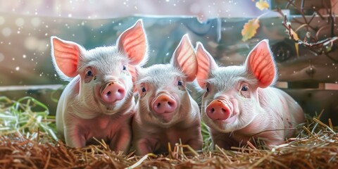Three little pigs sitting in a pile of hay, suitable for children's book illustrations