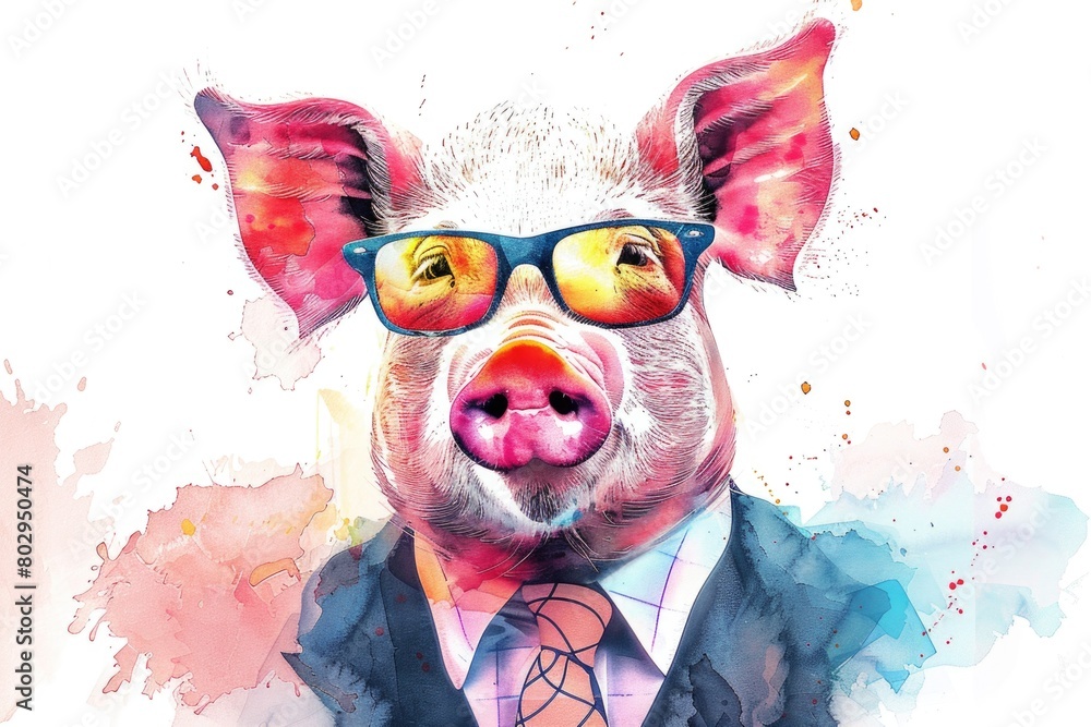 Poster a pig dressed in a suit and sunglasses, suitable for various concepts and designs