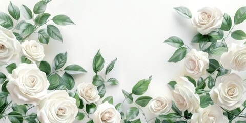 Beautiful white roses with vibrant green leaves. Perfect for wedding invitations or floral backgrounds