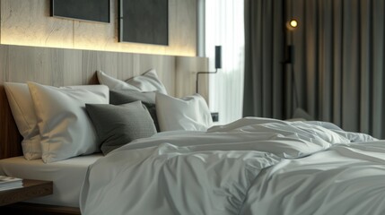 A white bed with sheets and pillows. Suitable for home decor concepts