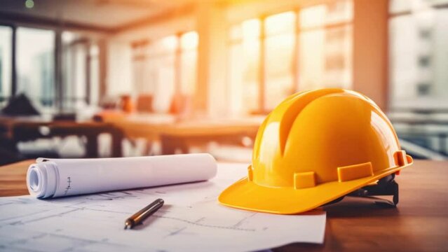 A yellow safety helmet on workplace desk, Start up plan new project contract in office center at construction site.