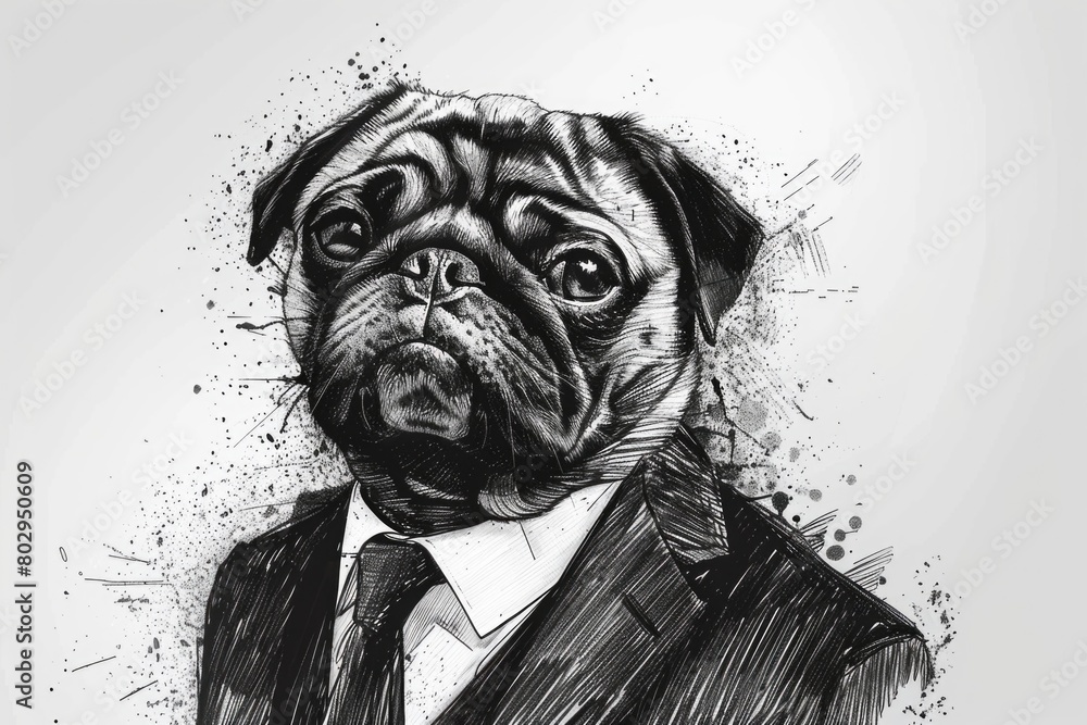 Poster black and white drawing of a pug in a suit, suitable for various projects