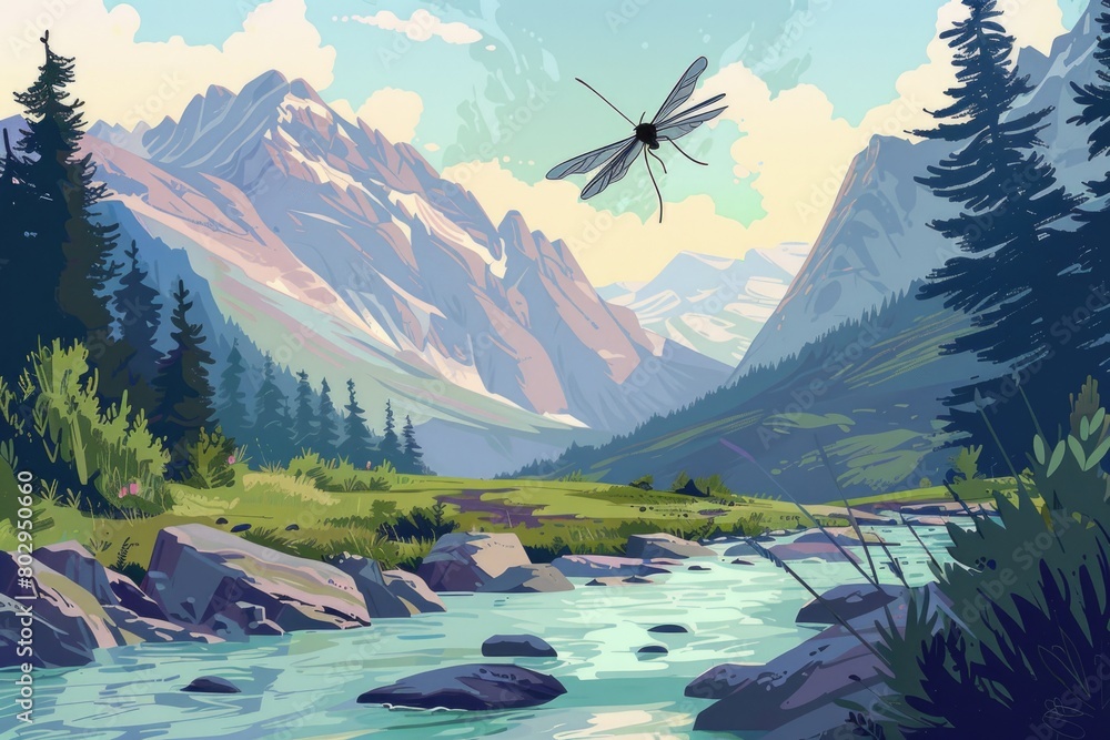 Poster dragonfly hovering above flowing river, suitable for nature themes